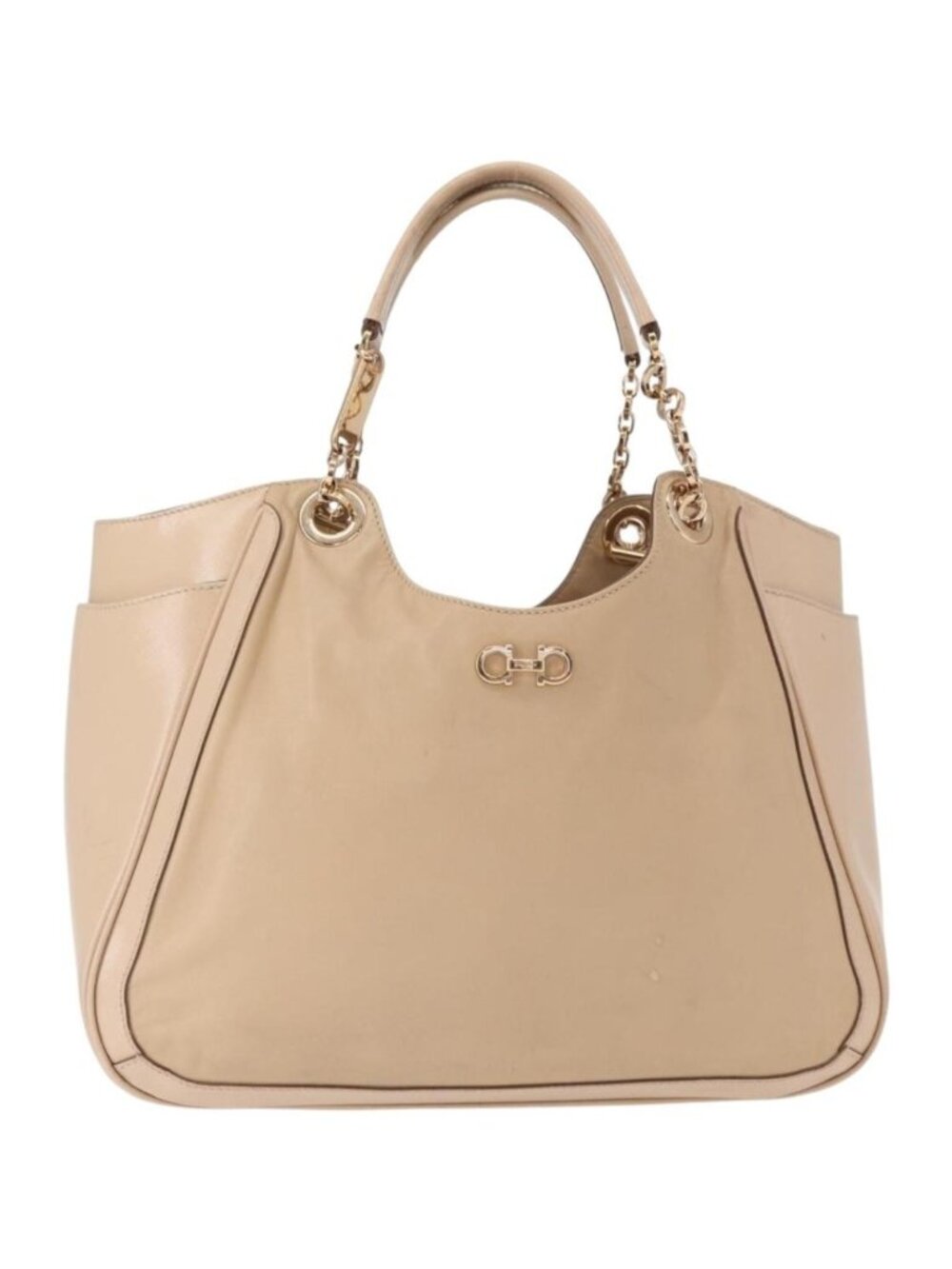 Salvatore Ferragamo Gancini Tote Bag Leather Beige Gold